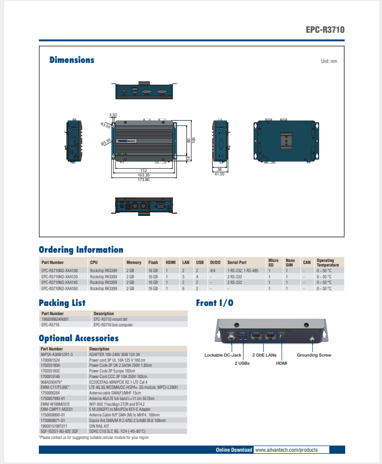 研華EPC-R3710 Rockchip RK3399 Cortex-A72 UIO40-Express Edge AI 工控整機， 4K display， 2xLan，