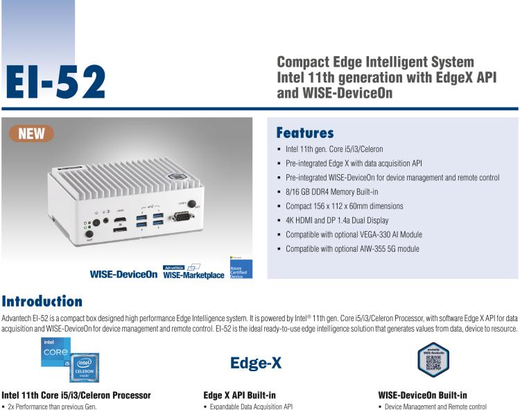 研華EI-52 研華EI-52，邊緣計算系統(tǒng)，支持 Intel 11th gen CPU，可選 Core i5 /i3 /Celeron 處理器，具備豐富擴展接口 2 x LAN，2 x COM，6 x USB等，內(nèi)部可以通過 miniPCIe 或 M.2 擴展AI加速卡實現(xiàn)工業(yè)AI機器視覺，搭載5G通訊模塊。