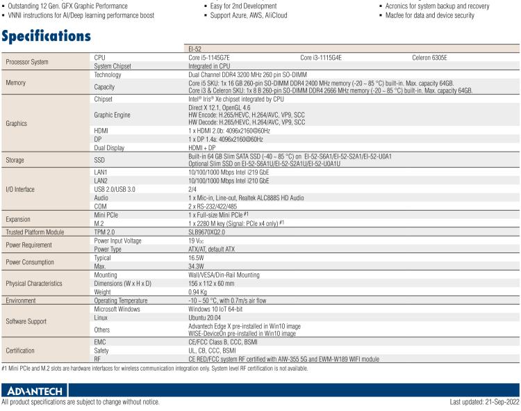 研華EI-52 研華EI-52，邊緣計算系統(tǒng)，支持 Intel 11th gen CPU，可選 Core i5 /i3 /Celeron 處理器，具備豐富擴展接口 2 x LAN，2 x COM，6 x USB等，內(nèi)部可以通過 miniPCIe 或 M.2 擴展AI加速卡實現(xiàn)工業(yè)AI機器視覺，搭載5G通訊模塊。