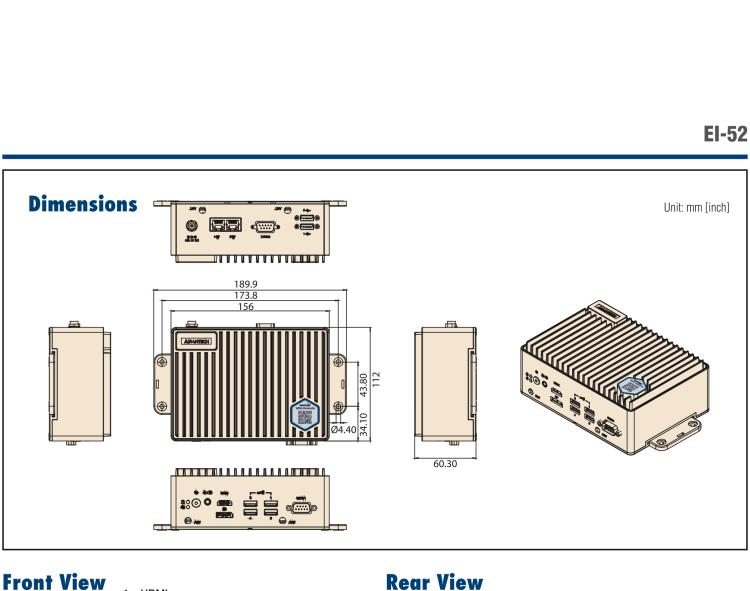 研華EI-52 研華EI-52，邊緣計算系統(tǒng)，支持 Intel 11th gen CPU，可選 Core i5 /i3 /Celeron 處理器，具備豐富擴展接口 2 x LAN，2 x COM，6 x USB等，內(nèi)部可以通過 miniPCIe 或 M.2 擴展AI加速卡實現(xiàn)工業(yè)AI機器視覺，搭載5G通訊模塊。