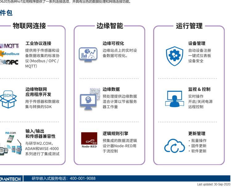 研華EIS-D620 研華EIS-D620，邊緣計(jì)算系統(tǒng)網(wǎng)關(guān)，基于Rockchip RK3399處理器，板載2GB內(nèi)存，16GB eMMC 存儲(chǔ)，低功耗邊緣智能設(shè)備，具備豐富擴(kuò)展接口 2 x LAN，1 x COM，1 x USB，2 x HDMI等，體積非常小巧，適用于邊緣設(shè)備控制及數(shù)據(jù)采集等應(yīng)用場(chǎng)景。