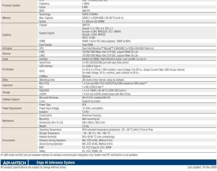 研華AIR-200 基于Intel Core i5-6442EQ處理器，AI計(jì)算平臺，內(nèi)置Myriad X VPU * 2