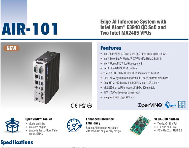 研華AIR-101 基于Intel Atom E3940處理器，AI計(jì)算平臺(tái)，內(nèi)置Myriad X VPU * 2