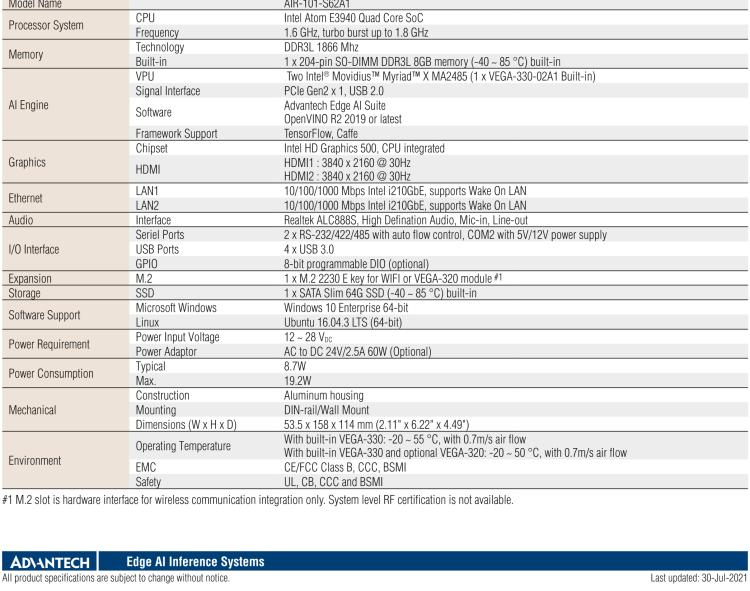 研華AIR-101 基于Intel Atom E3940處理器，AI計(jì)算平臺(tái)，內(nèi)置Myriad X VPU * 2