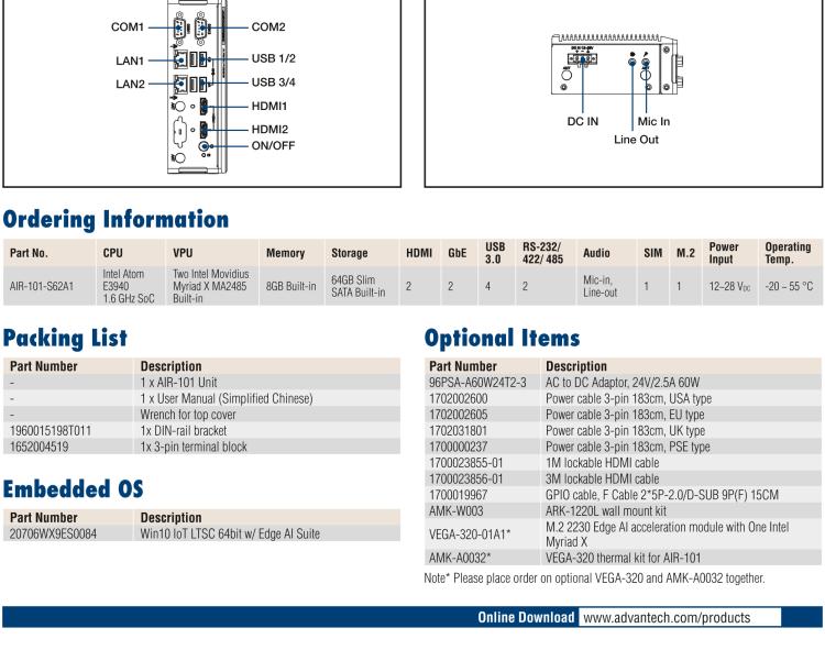 研華AIR-101 基于Intel Atom E3940處理器，AI計(jì)算平臺(tái)，內(nèi)置Myriad X VPU * 2