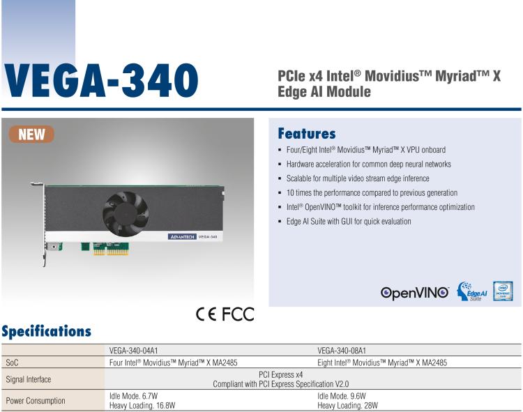 研華VEGA-340 基于Intel Movidius? Myriad? X VPU，PCIe x4 Edge AI 模塊，VPU*4 or VPU*8