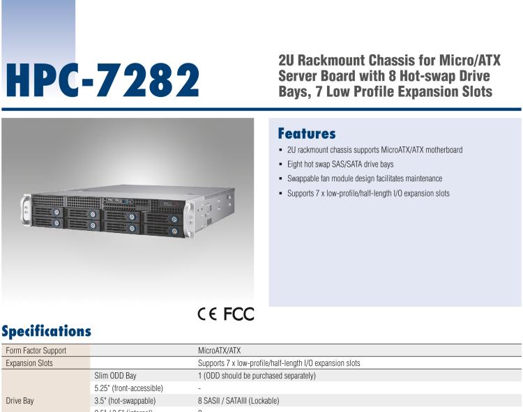 研華HPC-7282 2U 機(jī)架式機(jī)箱，適用于 Micro/ATX 服務(wù)器主板，支持8個(gè)2.5寸/3.5寸熱插拔硬盤(pán)，7個(gè)半高擴(kuò)展槽