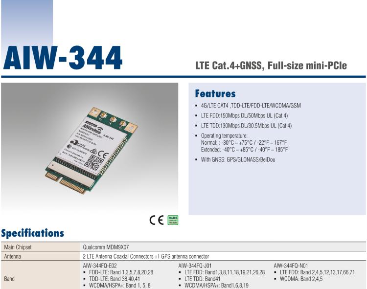 研華AIW-344 4G LTE CAT4：TDD LTE/FDD LTE/WCDMA/GSM和GPS。