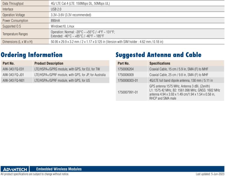 研華AIW-343 4G模組，使用MINI-PCIE規(guī)范接口，支持4G LTE CAT4：TDD LTE/FDD LTE/WCDMA/GSM和GPS。