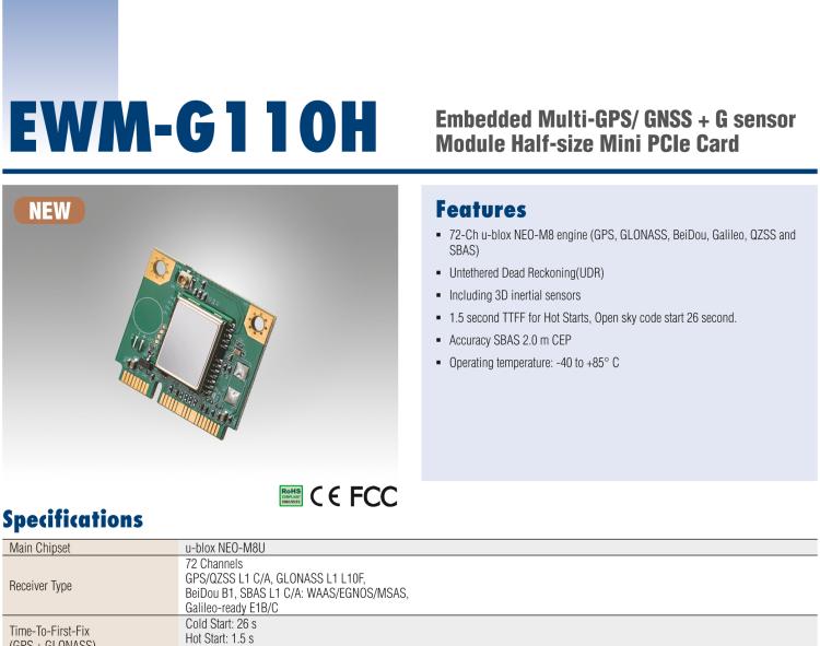 研華EWM-G110 Multi-GNSS (GPS、GLONASS、BeiDou、Galileo、QZSS 和 SBAS) +G-sensor 半尺寸 Mini PCIe 卡