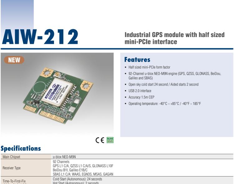 研華AIW-212 工業(yè)級(jí) GNSS（GPS、GLONASS、BeiDou、Galileo、QZSS和SBAS）模塊，半尺寸 mini-PCIe 規(guī)格。