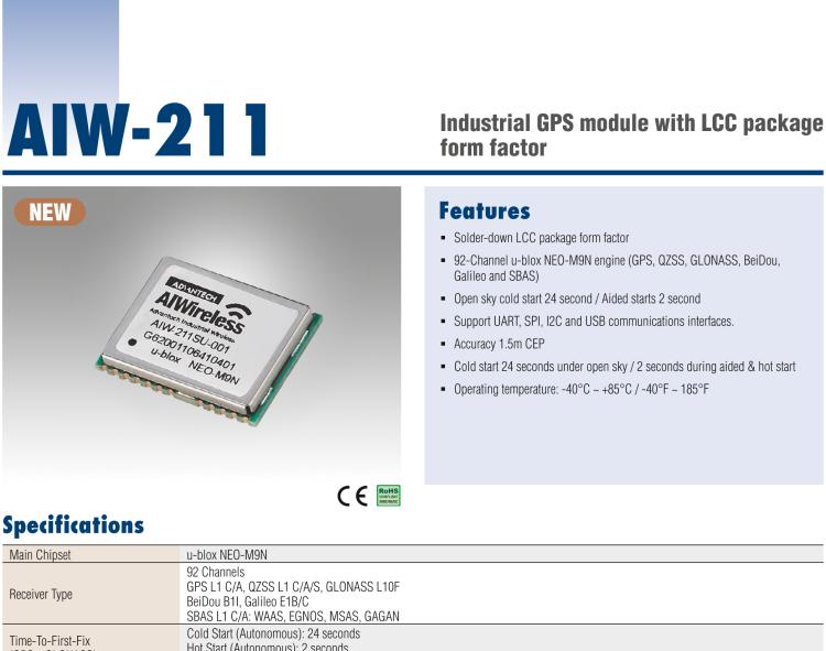 研華AIW-211 帶郵票型接口的工業(yè)級 GNSS（GPS、GLONASS、BeiDou、Galileo、QZSS和SBAS）模塊。