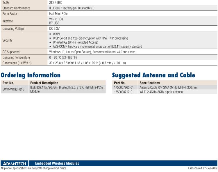 研華EWM-W193 IEEE 802.11ac + 藍牙5.0 Half Mini-PCIe模塊