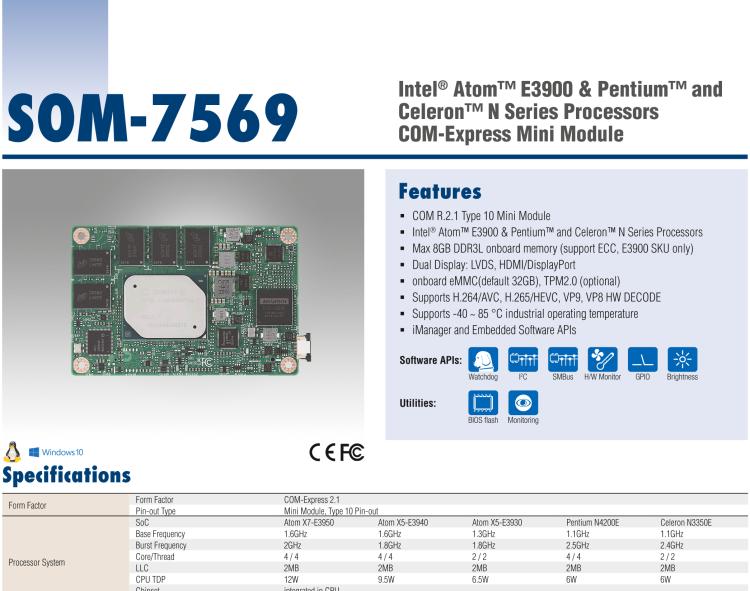 研華SOM-7569 Intel? Atom? E3900 & Pentium? 和 Celeron? N 系列處理器，COM-Express Mini 模塊