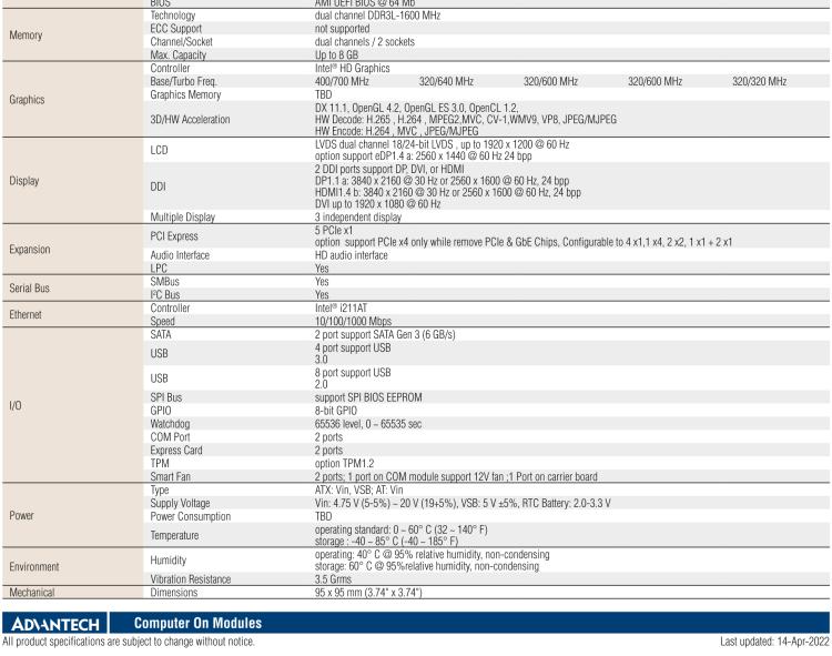 研華SOM-6868 Intel? Pentium?/Celeron? N3000 系列和 Atom ? SoC，COM Express Express Type 6 模塊