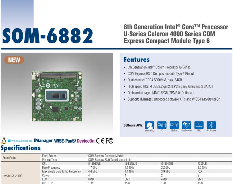 研華SOM-6882 第八代 Intel?Core 處理器，COM Express Compact R3.0 Type 6 模塊