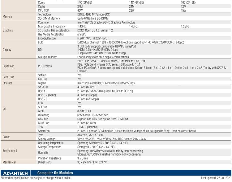 研華SOM-6884 第13代 Intel Core 處理器（代號：Raptor Lake-P）COM Express? Compact Type6