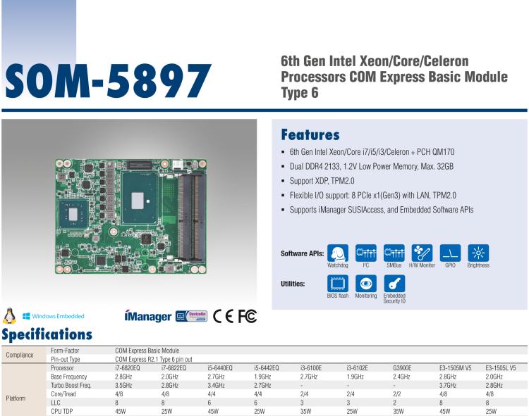 研華SOM-5897 第六代Intel? Core? / Celeron 處理器 COM Express Basic模塊Type 6