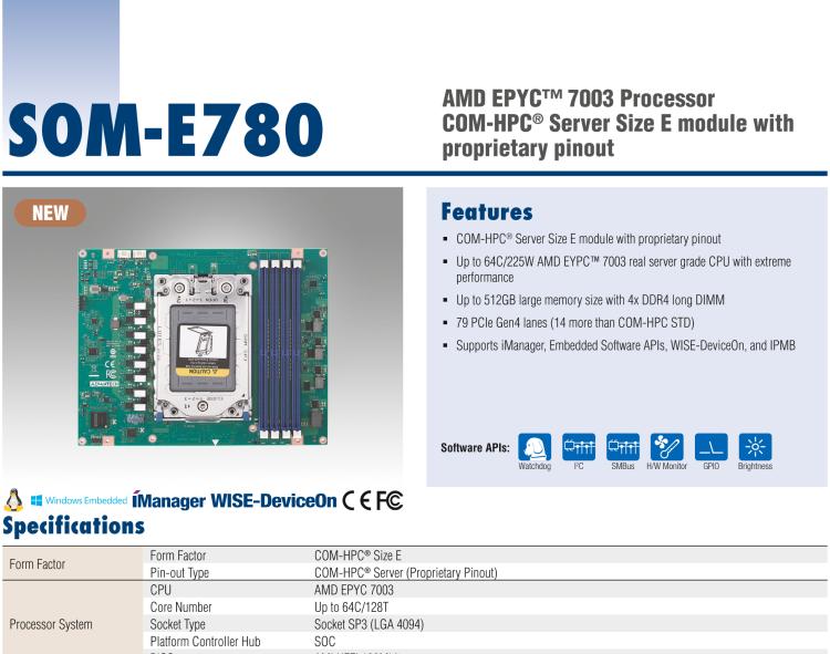 研華SOM-E780 AMD EPYC? 7003 COM-HPC? Server Size E 模塊，具有專有引腳