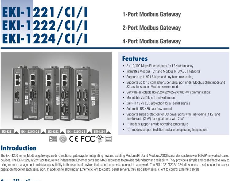 研華EKI-1221CI 隔離式寬溫型 1端口Modbus數(shù)據(jù)網(wǎng)關(guān)