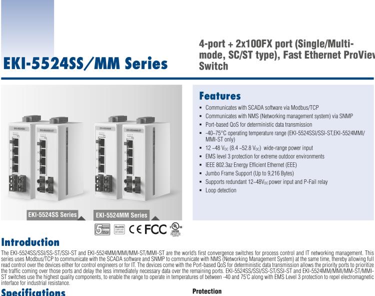 研華EKI-5524MMI-ST 2光4電百兆ProView(組態(tài))系列工業(yè)以太網(wǎng)交換機(包含單模/多模、SC/ST接口)