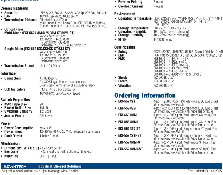 研華EKI-5524SSI 2光4電百兆ProView(組態(tài))系列工業(yè)以太網(wǎng)交換機(jī)(包含單模/多模、SC/ST接口)