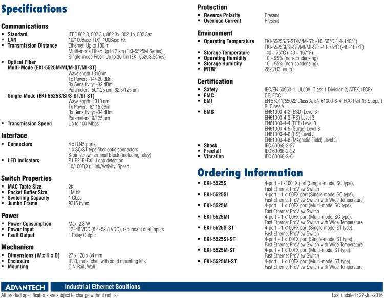 研華EKI-5525MI 1光4電百兆ProView(組態(tài))系列工業(yè)以太網(wǎng)交換機(jī)（包含單模/多模、SC/ST接口）