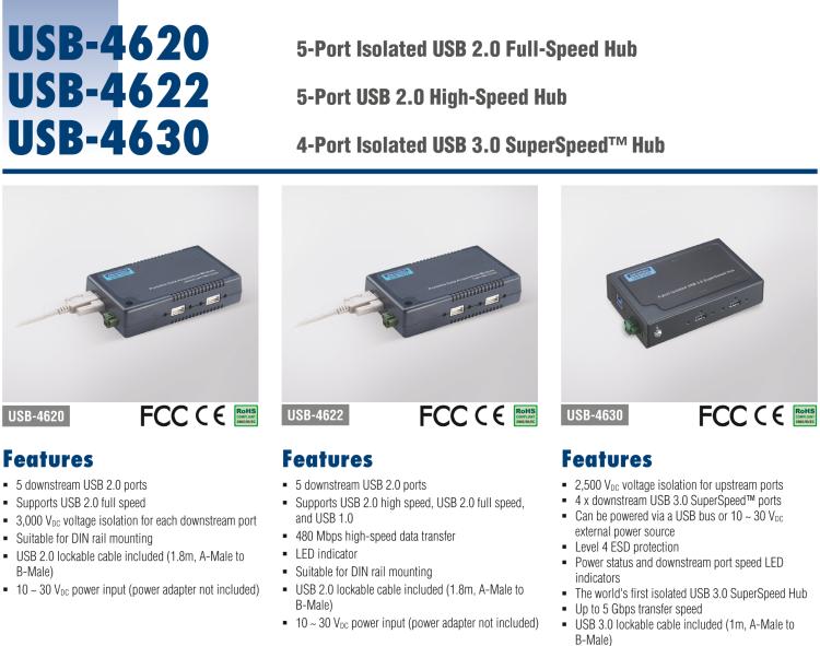 研華USB-4630 ULI-414HCL 4 端口隔離式 USB 3.0 超高速集線器