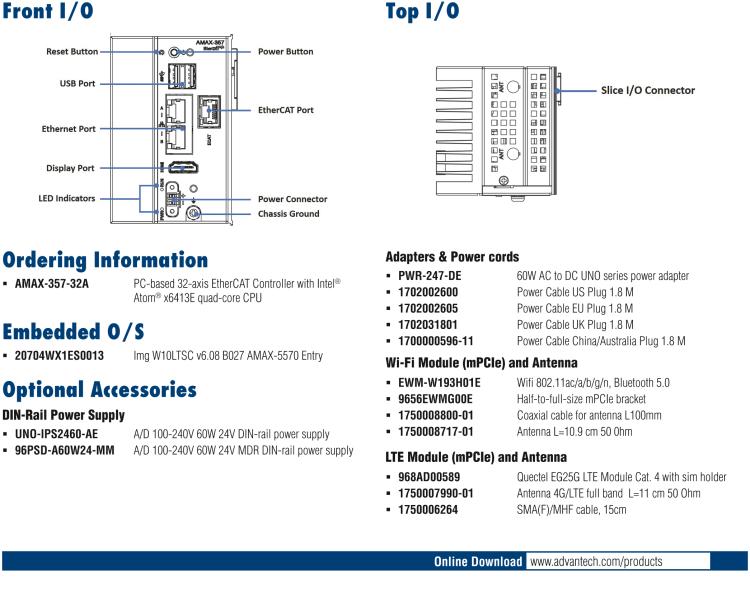 研華AMAX-357 超微型EtherCAT運(yùn)動(dòng)控制器，基于PC架構(gòu)開發(fā)，配置了Intel Atom處理器，具有64GB eMMC、2 x LAN、2 x USB和Slice IO擴(kuò)展