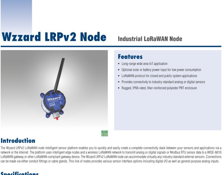 研華BB-WSW2C42100 LoRaWAN Node - 4 AI, 2 DI, 1 DO, IP66, Ext. Antenna , 868/915/923 MHz