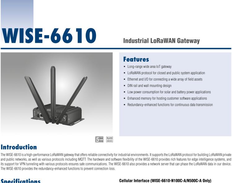 研華WISE-6610-N100 Hardened LoRaWAN 8-Channel Gateway US 915 MHz - Support 100 nodes