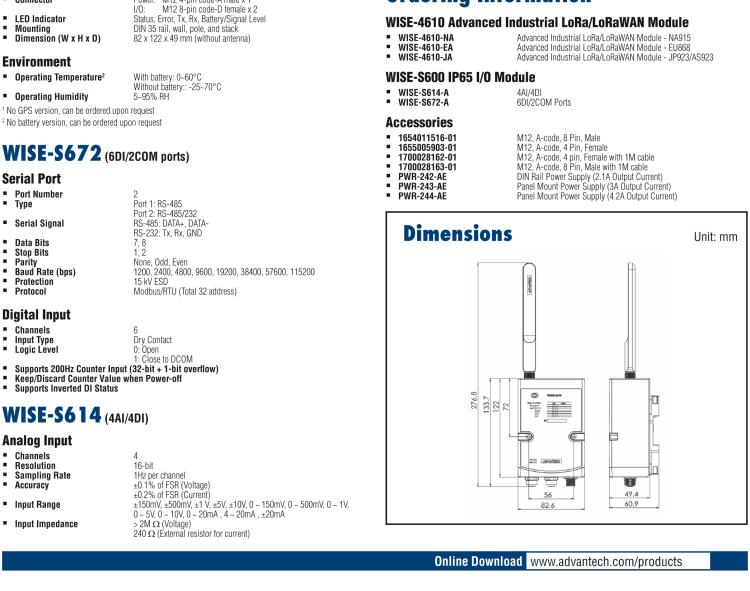 研華WISE-4610-S672 帶有6個(gè)數(shù)據(jù)輸入口和超過兩個(gè)com口的LoRa戶外無線傳感器節(jié)點(diǎn)