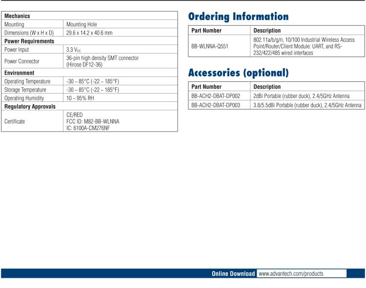 研華BB-WLNNA-Q551 Wi-Fi Dual Band Access Point Embedded Module, UART Interface