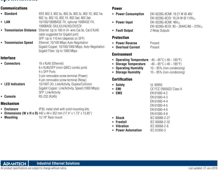 研華EKI-9228G-8COI IEC61850-3 20GE + 8GE Combo L2 Managed Switch, 90 ~ 264VAC/88 ~ 370VDC