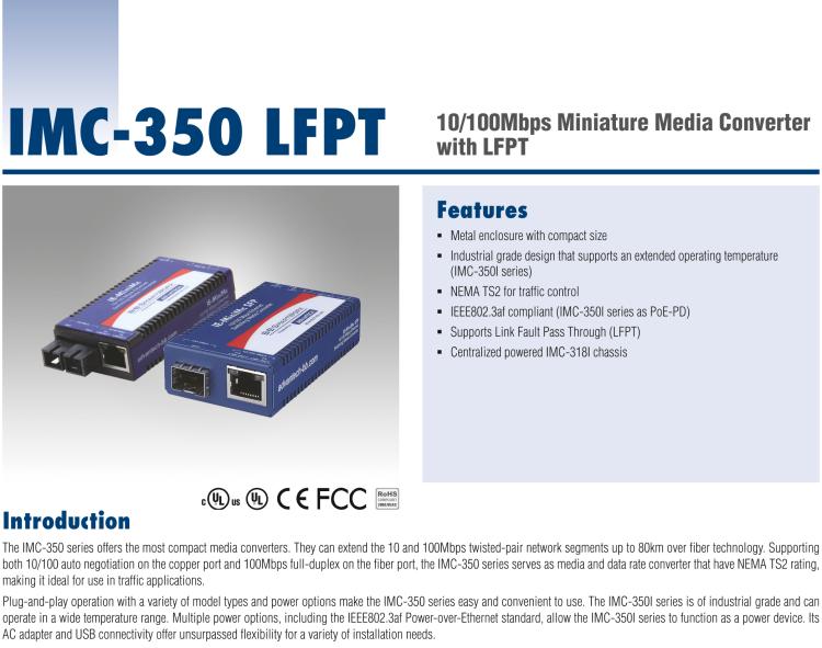 研華IMC-350I-SE-PS-A Mini Hardened Media Converter, 100Mbps, Single mode 1310nm, LFPT, 40km, SC, AC adapter