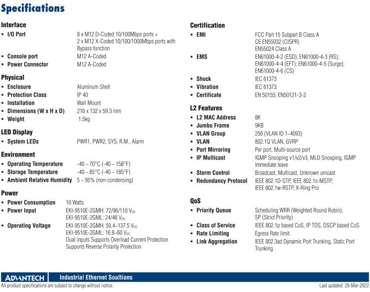 研華EKI-9510E-2GML 10個(gè)百兆M12端口網(wǎng)管型EN50155交換機(jī)， 支持24/48 VDC供電