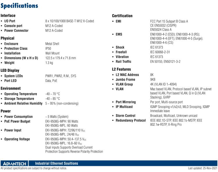 研華EKI-9508G-MPH 8個千兆M12 POE端口非網管EN50155交換機， 支持72/96/110 VDC供電