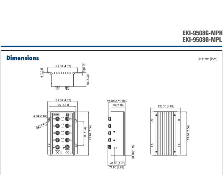 研華EKI-9508G-MPH 8個(gè)千兆M12 POE端口非網(wǎng)管EN50155交換機(jī)， 支持72/96/110 VDC供電