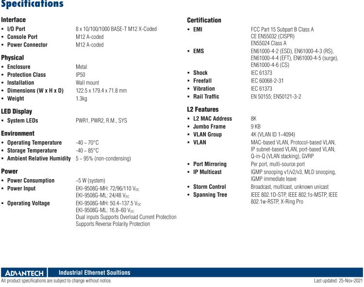 研華EKI-9508G-MH EN50155 Managed Ethernet Switch with 8GE, 72-110 VDC