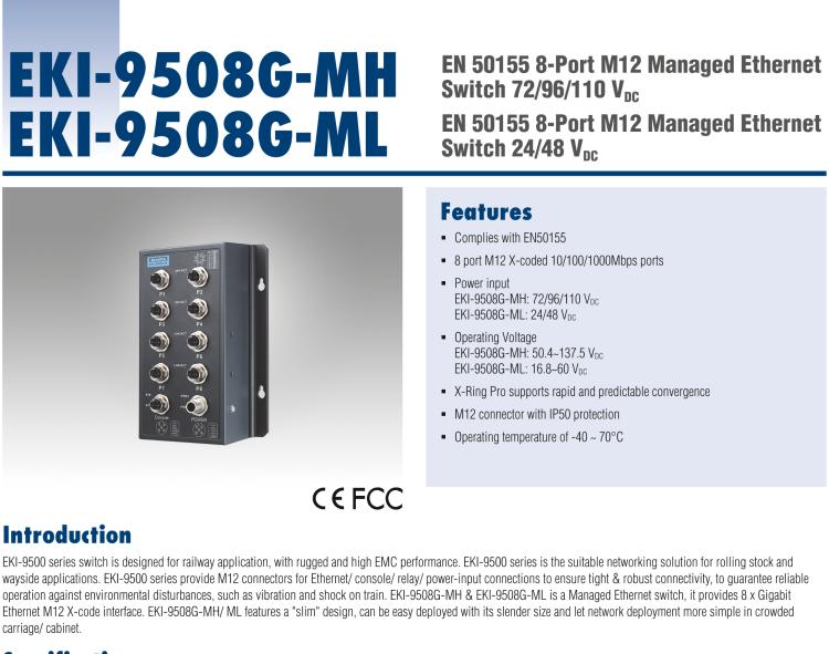 研華EKI-9508G-ML EN50155 Managed Ethernet Switch with 8GE, 24-48 VDC