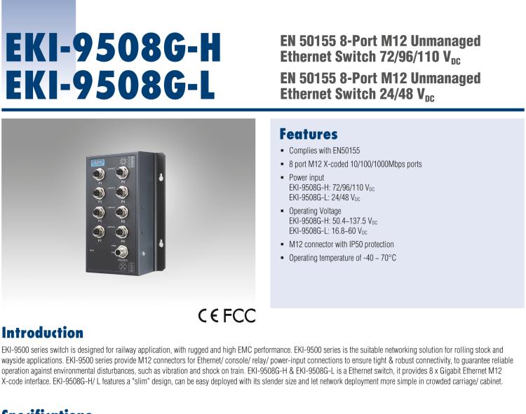 研華EKI-9508G-H 8個千兆M12端口非網(wǎng)管EN50155交換機， 支持72/96/110 VDC供電