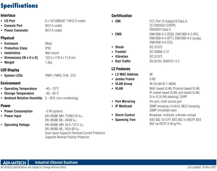 研華EKI-9508E-MH 8個(gè)百兆M12端口非網(wǎng)管EN50155交換機(jī)， 支持72/96/110 VDC供電