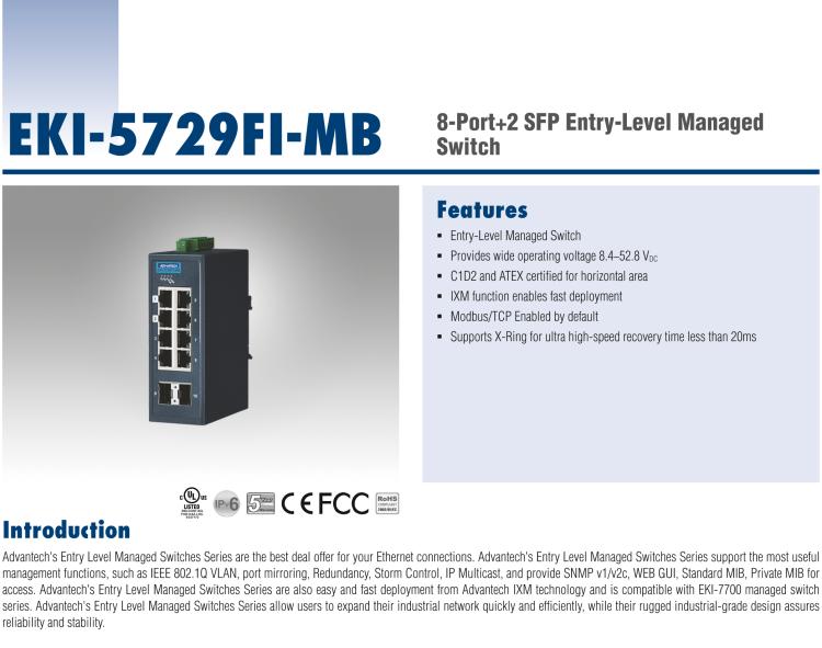 研華EKI-5729FI-MB 8-Port + 2 SFP Entry-Level Managed Switch