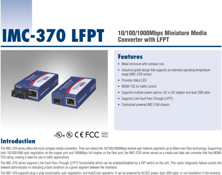 研華IMC-370-MMST-PS-B Miniature Media Converter, 1000TX/SX, Multi-mode 850nm, LFPT, 550m, ST type, w/ AC adapter