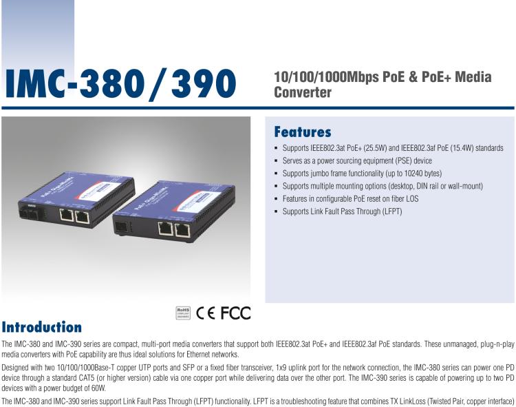 研華IMC-380-SFP-PS Mini PoE Media Converter, 1000Mbps, SFP, AC adapter w/o power cord