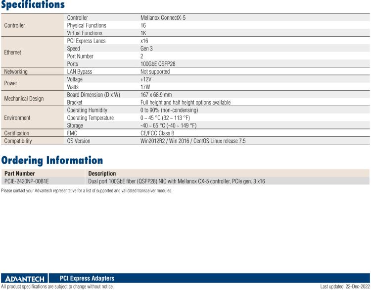 研華PCIE-2420 Dual Port Fiber 100GbE PCIe Adapter with Mellanox? ConnectX-5 Ethernet Controller