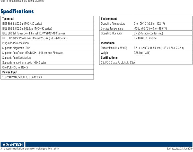 研華IMC-480-MM-US Standalone PoE Media Converter, 100Mbps, Multimode 1300nm, 5km, SC, AC adapter (also known as PoE McBasic 852-11715)