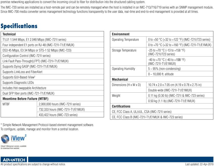 研華IMC-721I-SSER Managed Hardened Modular Media Converter, DS1, Single mode 1550xmt, 40km, SC (also known as iMcV 850-18125)