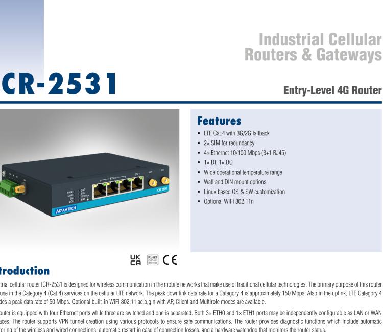 研華ICR-2531 ICR-2500, EMEA, 4x Ethernet , Metal, Without Accessories