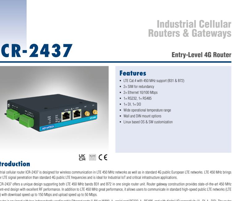 研華ICR-2437 ICR-2400, EMEA, 2x Ethernet , 1x RS232, 1x RS485, Metal, Without Accessories